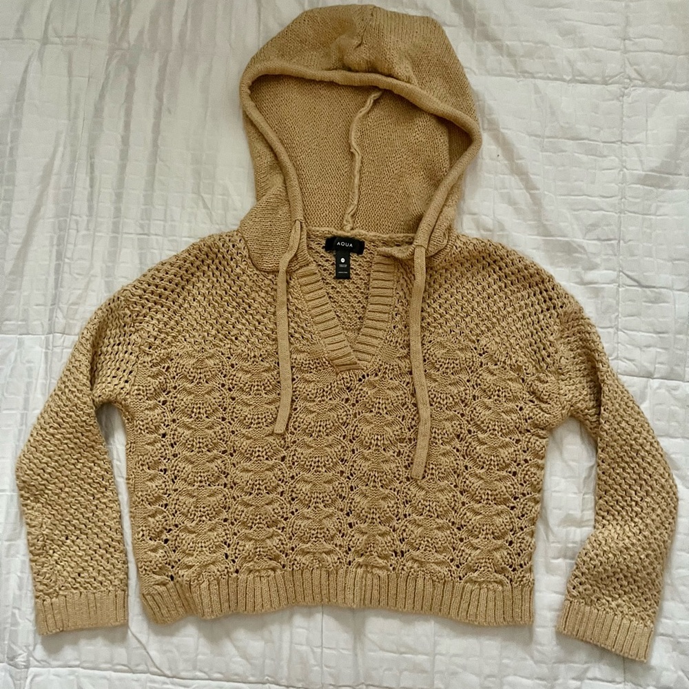 AQUA Crocheted Cropped Hoodie Sweater Tan Size XS